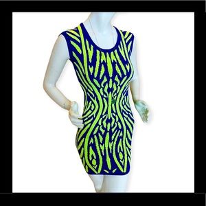 MILLY Blue and Neon Green Kaleidoscope Sheath XS